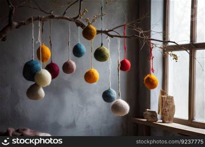 felted ornaments hanging from the tree and creating a warm atmosphere, created with generative ai. felted ornaments hanging from the tree and creating a warm atmosphere