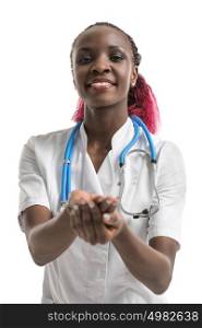 Female african doctor holding and sharing something in her hand