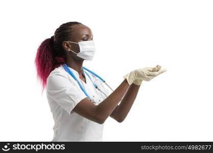 Female african doctor holding and sharing something in her hand