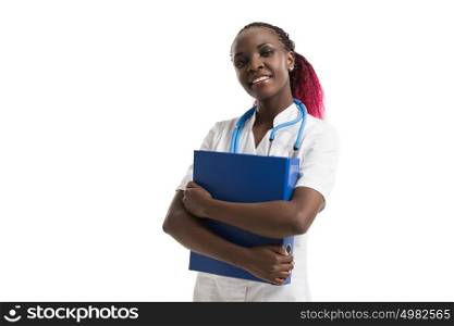 Female African Doctor standing with folder, isolated on white background