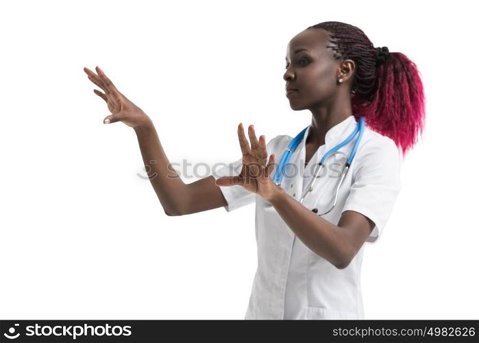 Female african doctor with stethoscope working with virtual screen