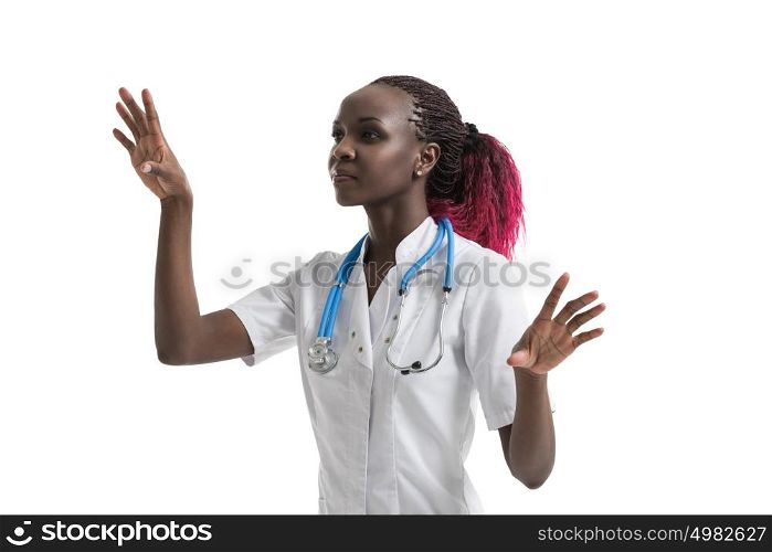 Female african doctor with stethoscope working with virtual screen