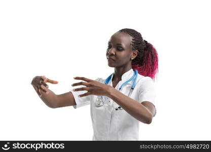 Female african doctor with stethoscope working with virtual screen