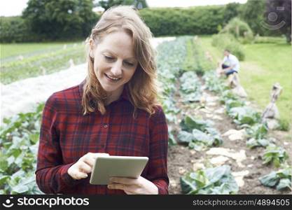 Female Agricultural Worker Using Digital Tablet In Field