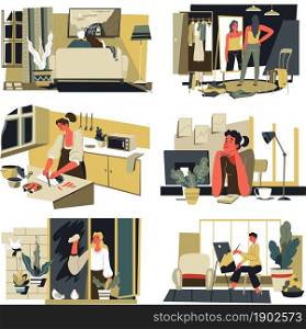 Female and male characters spending time at home, doing chores and relaxing. Cooking and washing window, watching films sitting in sofa and painting in studio. Leisure and rest. Vector in flat style. People spending time at home doing chores vector
