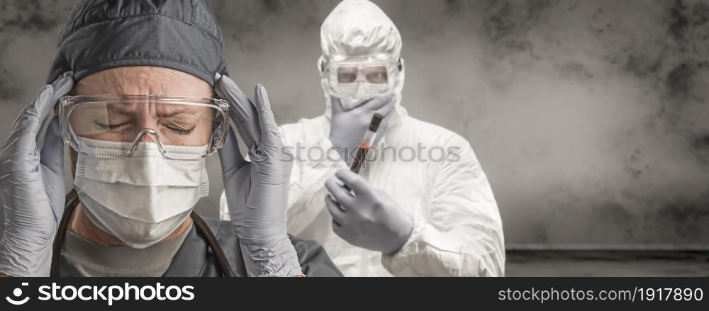 Female and Male Doctors or Nurses Wearing Scrubs and Protective Mask and Goggles Banner.