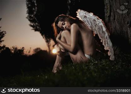 Female angel posing over an autumn sunset