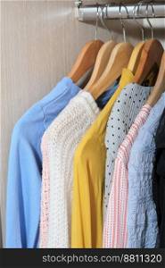 female apparel, woman clothes in a wardrobe, hanging blouses, jumpers and dresses. order and housekeeping, tidy closet. female apparel, woman clothes in a wardrobe, hanging blouses, jumpers and dresses. order and housekeeping, tidy closet. 