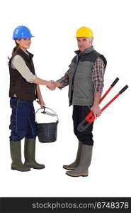female apprentice shaking hands with mature workmate