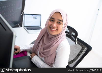 Female Arabic creative professional working at the home office on a desktop computer with dual screen monitor top view. Selective focus. High quality photo. Female Arabic creative professional working at home office on desktop computer with dual screen monitor top view. Selectve focus