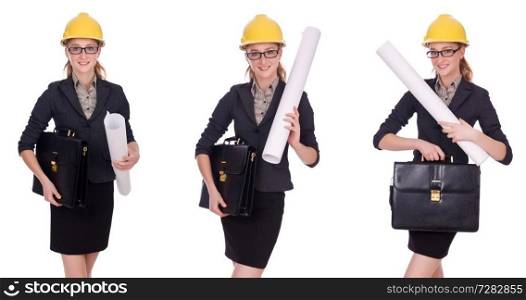 Female architect with blueprint isolated in white 