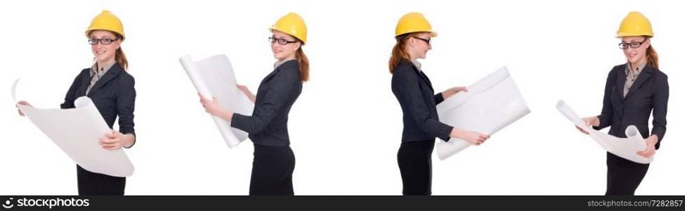 Female architect with blueprint isolated in white 