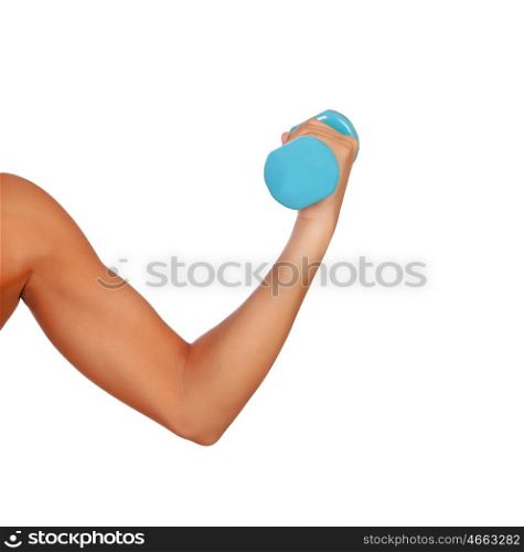 Female arm lifting dumbbells isolated on white background