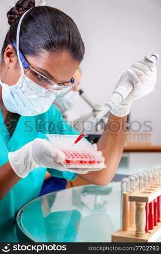 Female Asian medical or scientific researcher or doctor using a pipette and sample tray to test blood sample in a laboratory with her blond female colleague out of focus behind her.