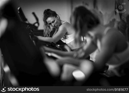 Female athlete exercising on a treadmill, black and white