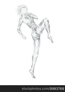 female athlete ready for a high kick, people sketching. female athlete ready for a high kick, sketching