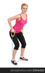 Female back and arms exercise using rubber resistance band