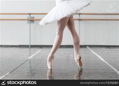 Female ballet dancer legs in pointe shoes. Ballerina keep the rack on rehearsal in class