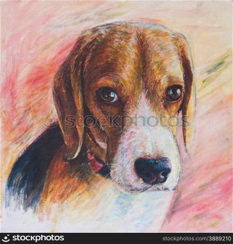 Female beagle dog portrait, acrylic painting on canvas
