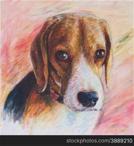 Female beagle dog portrait, acrylic painting on canvas