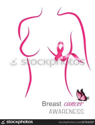 Female body outline with a pink ribbon and a butterfly. Breast cancer awareness. Vector.