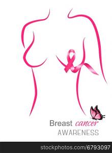 Female body outline with a pink ribbon and a butterfly. Breast cancer awareness. Vector.