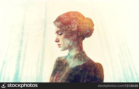 Female body with grunge texture, double exposure effect. Woman on blur background