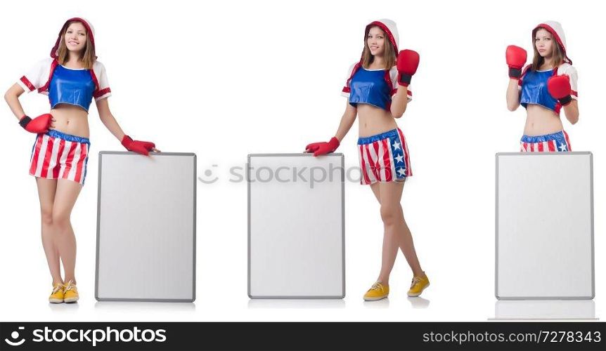 Female boxer with board isolated on white  