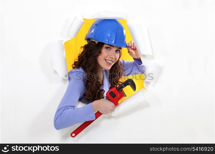 Female builder coming through picture