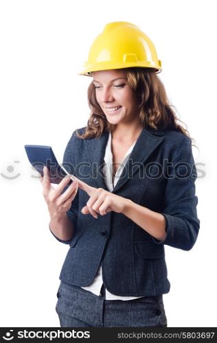 Female builder with calculator on white