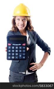 Female builder with calculator on white