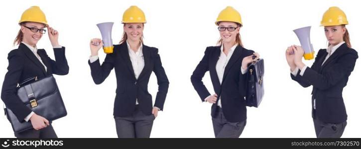 Female builder with megaphone isolated on white 
