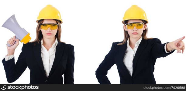 Female builder with megaphone isolated on white 