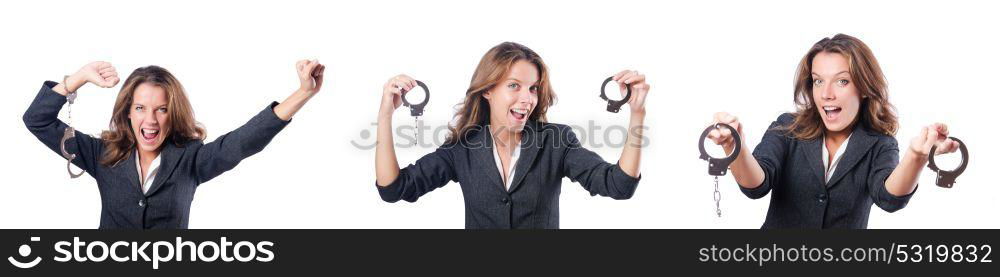 Female businesswoman with handcuffs on white