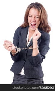 Female businesswoman with handcuffs on white