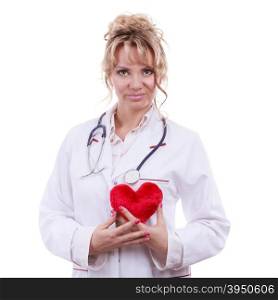 Female cardiologist with red heart.. Periodic examinations. Cardiology concept. Female cardiologist holding red heart. Middle aged doctor with stethoscope and white medical apron uniform. Isolated on white.