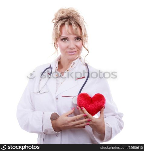 Female cardiologist with red heart.. Periodic examinations. Cardiology concept. Female cardiologist holding red heart. Middle aged doctor with stethoscope and white medical apron uniform. Isolated on white.
