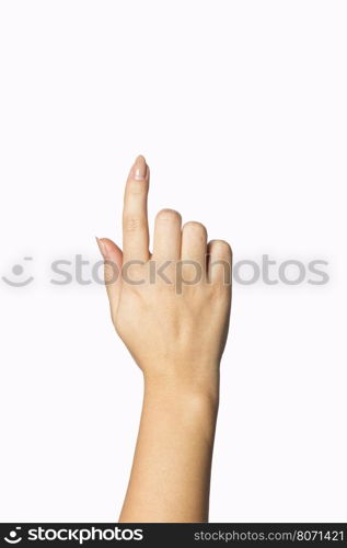 Female caucasian hand gesture of offering help isolated over the white background. Female caucasian hand gesture isolated