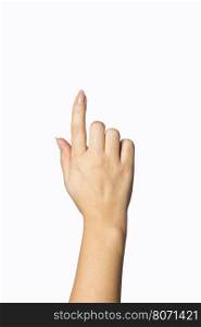 Female caucasian hand gesture of offering help isolated over the white background. Female caucasian hand gesture isolated