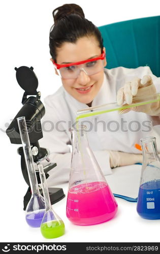 Female chemist in studio on white