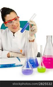 Female chemist in studio on white