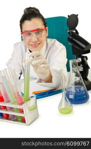 Female chemist in studio on white