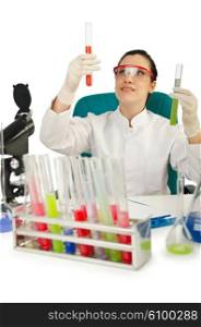 Female chemist in studio on white