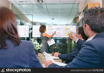 Female coach looking at business graph while businessman holding highlighter and having a question about diagrams. Female coach looking business graph while businessman having question