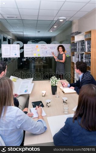 Female coach training business team sitting at table with documents in headquarters. Female coach training business team at headquarters