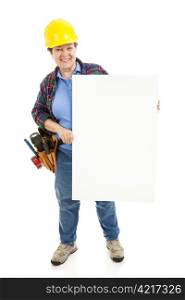 Female construction worker holding blank sign, ready for text. Isolated on white, full body.