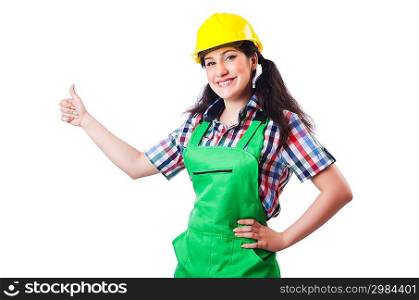 Female construction worker isolated on white