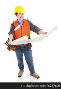 Female construction worker reviewing building plans. Full body isolated on white.