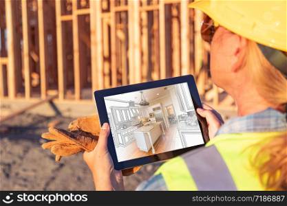 Female Construction Worker Reviewing Kitchen Illustration on Computer Pad at Construction Site.