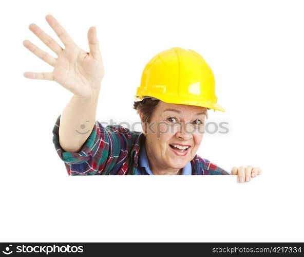 Female construction worker waving. Design element over blank white space.